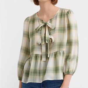 LOFT Green Plaid Blouse with Bow Detail